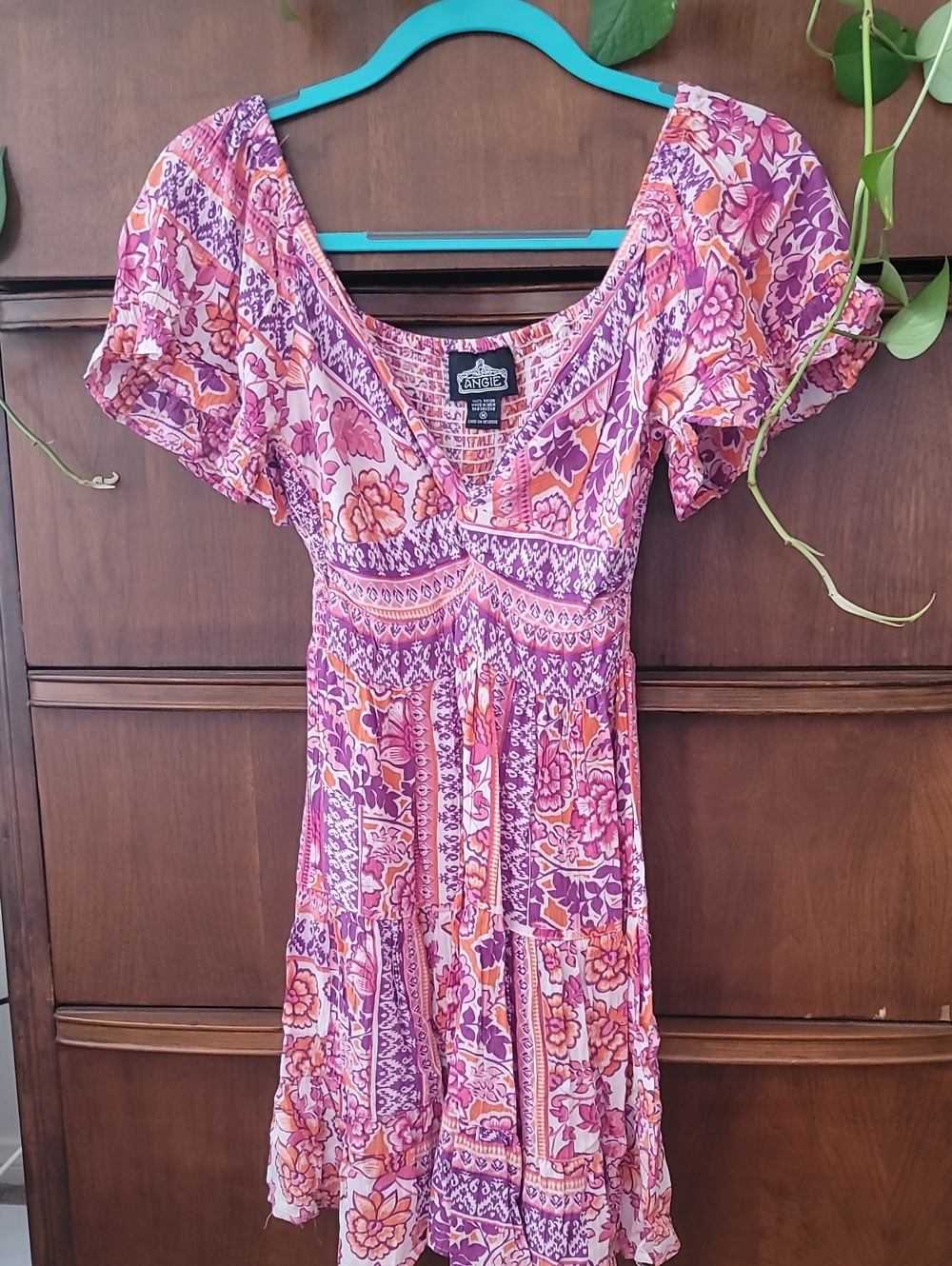 Angie Boho Summer Pink, Purple & Orange Floral Mini Dress